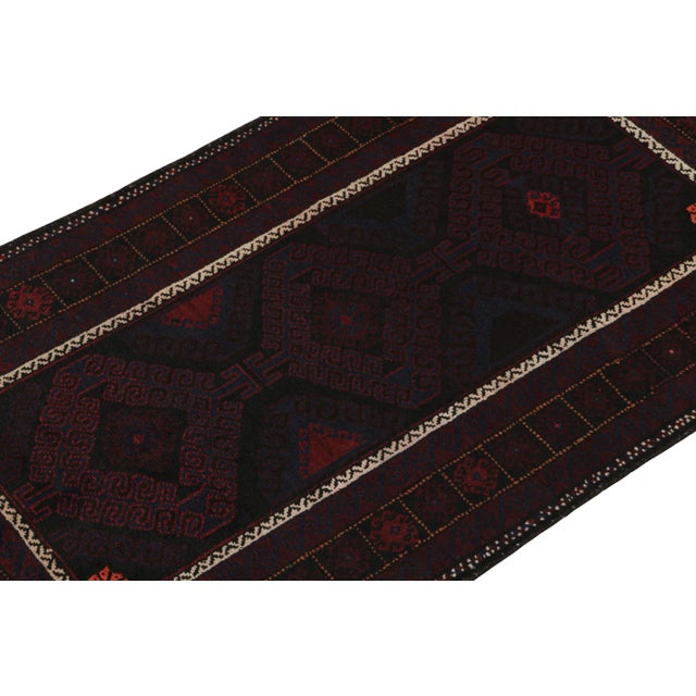 Rug & Kilim 1950s Vintage BaRug & Kilim’s Baluch Runner Rug With Black, Burgundy and Blue Geometric Patterns For Sale - Image 4 of 8