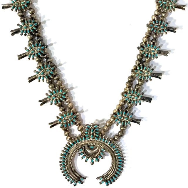 Vintage Zuni Squash Blossom Sterling Silver Turquoise Necklace With Earrings Set For Sale - Image 4 of 12