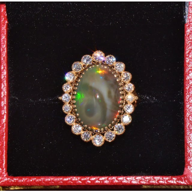 Certified Natural 9.25Cts VS F Diamond Opal 750 18K Solid Gold Cocktail Halo Milgrain Ring, size 6.5 For Sale In Dallas - Image 6 of 10