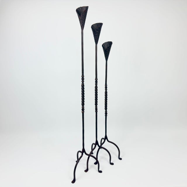 Metal Hand Forged Iron Candelabra Set of 3 (100-120cm) Antique Copper Finish Barley Twist Stem with Calla Lily Cups For Sale - Image 7 of 8