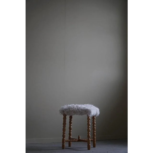 Brown Tall Danish Stool in Oak and Lambswool, 1950s For Sale - Image 8 of 13