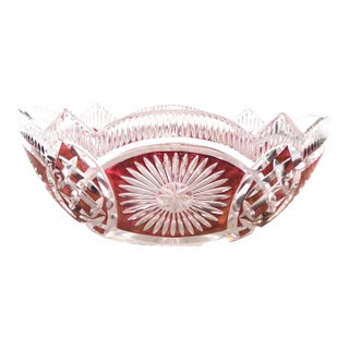 1940s Red Cut to Clear Oval Bowl For Sale