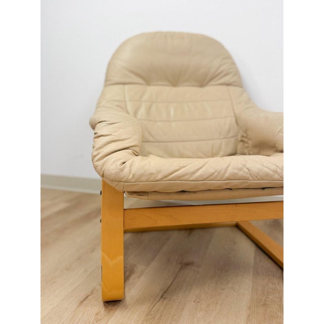 Wood Danish Made Tan Leather Cantilever Armchair Vintage MCM by Verikon Furniture For Sale - Image 7 of 13