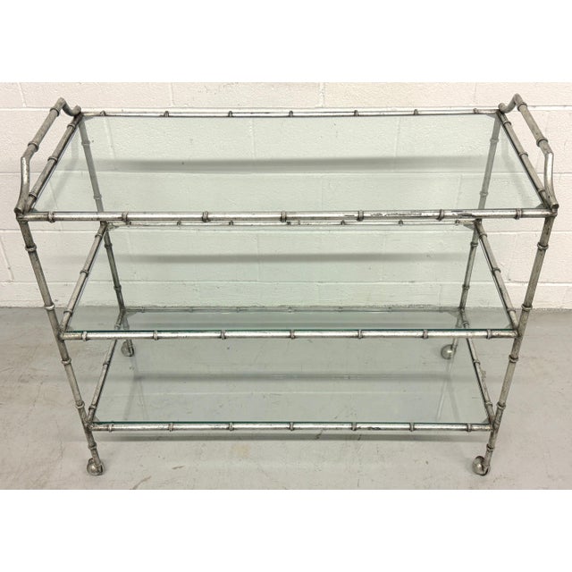Large 3-Tiered Maison Jansen Faux Bois Silver-Leaf Trolley/ Bar Cart For Sale - Image 6 of 18