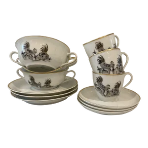 Vintage Limoges France Hand Painted Tea Cups and Soup Bowls for Neiman Marcus - Set of 6