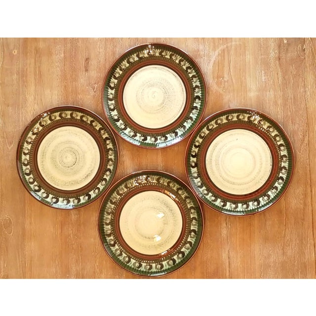 1970s Autumn Harvest Pottery Dinnerware Set, Hand Thrown Red Clay Artist Signed Tableware Service for 4, 18 Piece Thanksgiving Geometric Ceramic Plate Set For Sale - Image 5 of 11