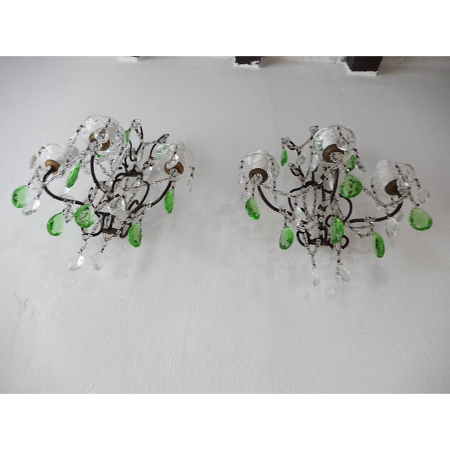 Rococo 1920s Italian Rococo Green Crystal Prisms 3 Light Sconces - a Pair For Sale - Image 3 of 11