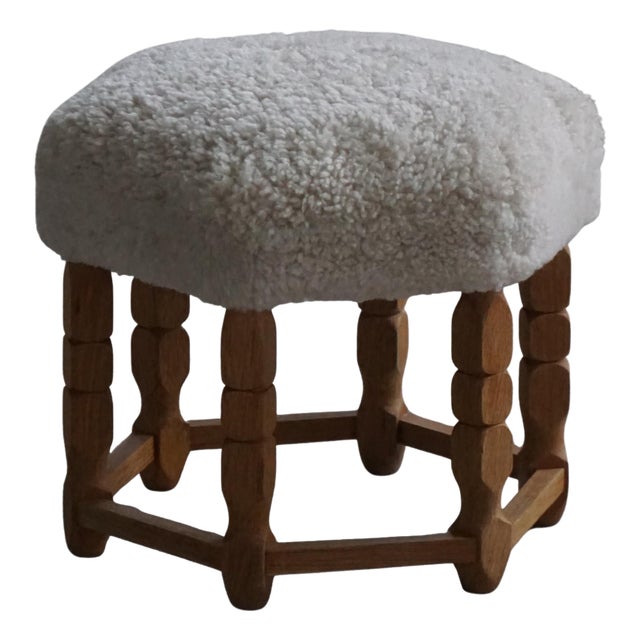 Mid-Century Modern Danish Hexagonal Oak Stool with Lambswool Upholstery, 1950s For Sale