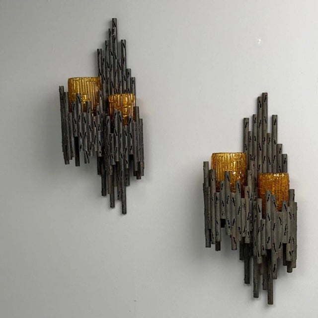 Mid-Century Modern Marcello Fantoni, Brutalist Mid-Century Modern Wall Sconces, Wrought Iron, Glass For Sale - Image 3 of 10