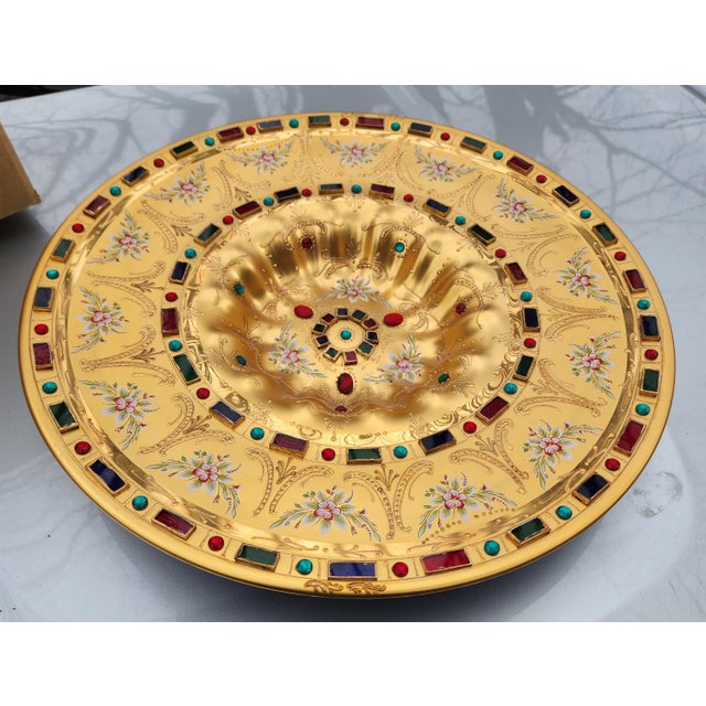 Vintage 24K Gold Over Cobalt Blue Glass Console Bowl Centerpiece Platter with hand-painted enamel floral and scrollwork...