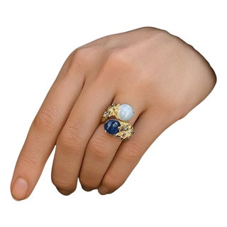 Bochic "Orient" Vintage Diamond, Sapphires & Pearl Ring Set In 18K Gold & Silver For Sale