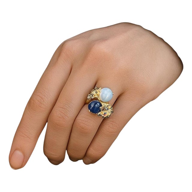 Bochic "Orient" Vintage Diamond, Sapphires & Pearl Ring Set In 18K Gold & Silver For Sale