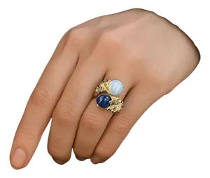 Bochic "Orient" Vintage Diamond, Sapphires & Pearl Ring Set In 18K Gold & Silver