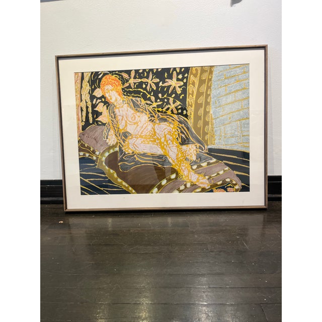 This is a 1970s Molly Schiff wax pastel on paper framed painting in good vintage condition. It is a reclining nude female...
