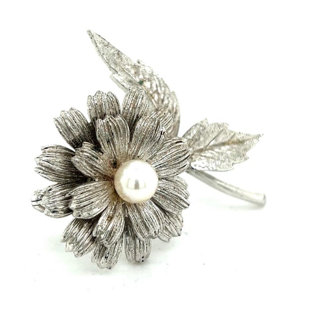 1990s Mikimoto Estate Akoya Flower Pearl Brooch Pin Sterling Silver 6.16 mm For Sale In New York - Image 6 of 11