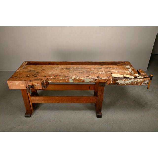 Wood Vintage Industrial Rustic Carpenter's Workbench in Wood, 1950s For Sale - Image 7 of 18