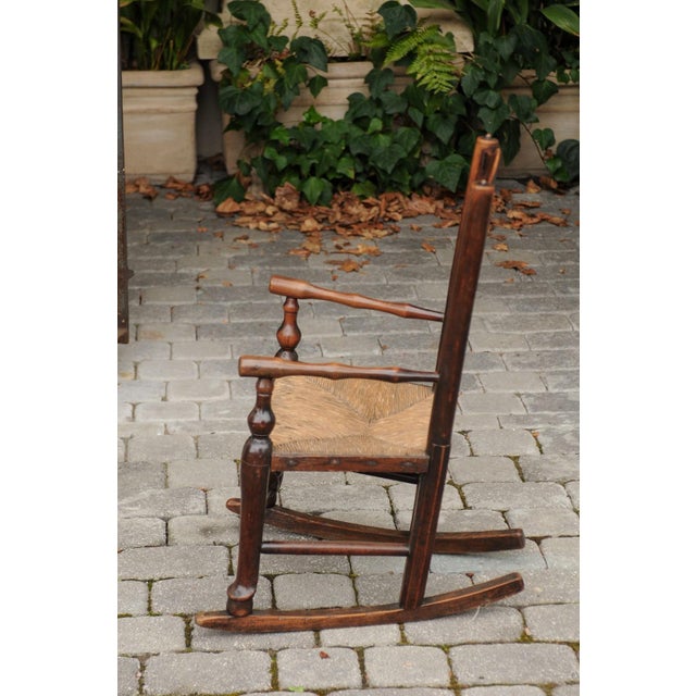 Wood English 1800s Georgian Period Plum Wood Child's Rocking Chair with Rush Seat For Sale - Image 7 of 11