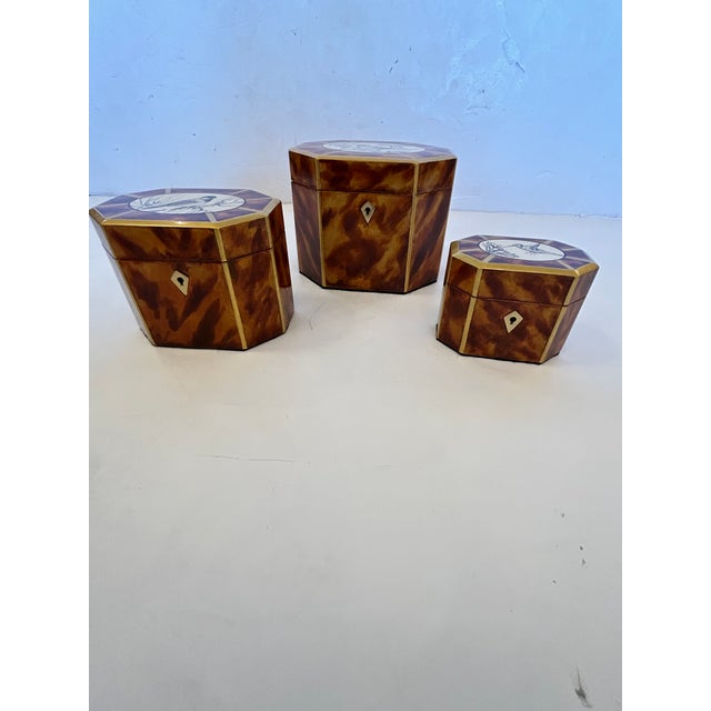 Artist Hand Painted Faux Tortoise & Pen & Ink Decorative Boxes - Set of 3 For Sale - Image 4 of 18