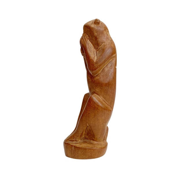 Mid-Century Modern 1980s Carved Wooden Monkey MCM - See No Evil - Covering Eyes For Sale - Image 3 of 4