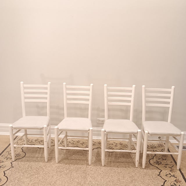 American Vintage Wood Ladder Back Child's Accent Chair With Light Grey Upholstered Seat. Set of 4 For Sale - Image 3 of 12