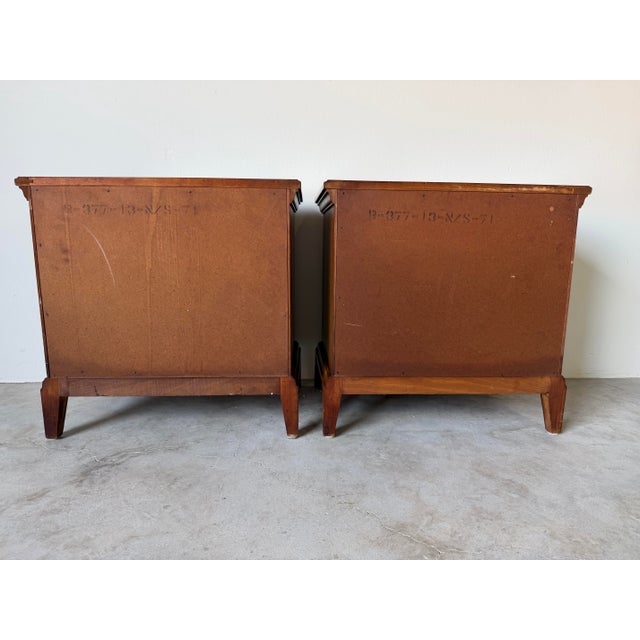 1970s Mid-Century Burl Wood Three-Drawer Nightstands – Pair For Sale - Image 9 of 13