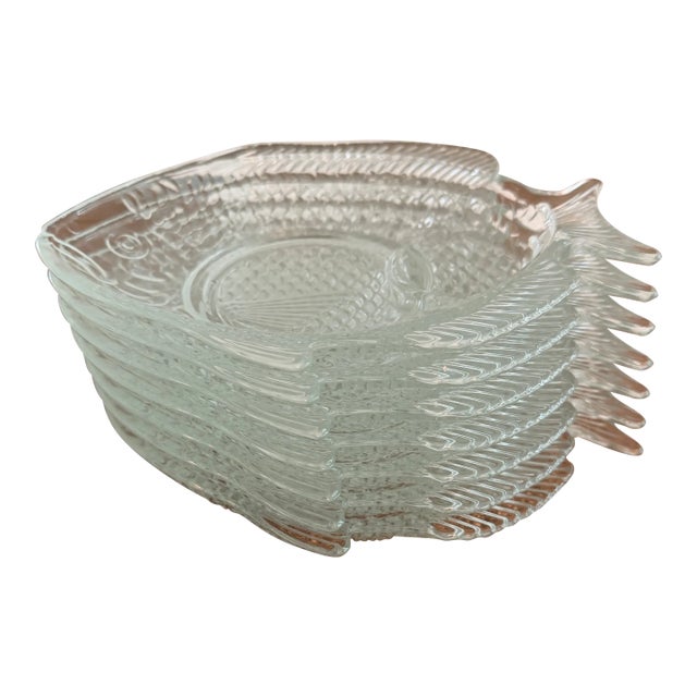 Vintage Coastal Pressed Glass Fish Plates, Set of 7 For Sale