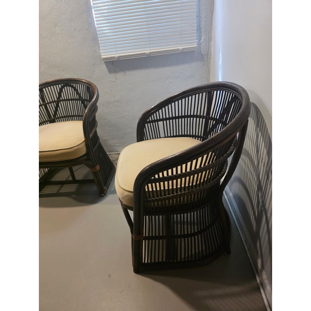 Mid-Century Modern Pair of Rattan and Bamboo Barrel Back Armchairs With Cream Cushions For Sale - Image 3 of 11