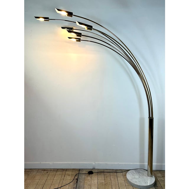 Mid-Century Modern Italian 6-Light Arc Floor Lamp in Gilded Brass, 1970s For Sale - Image 3 of 15