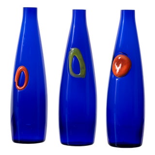 Vintage Czechoslovakian Blue Glass Vases, 1970s, Set of 3 For Sale