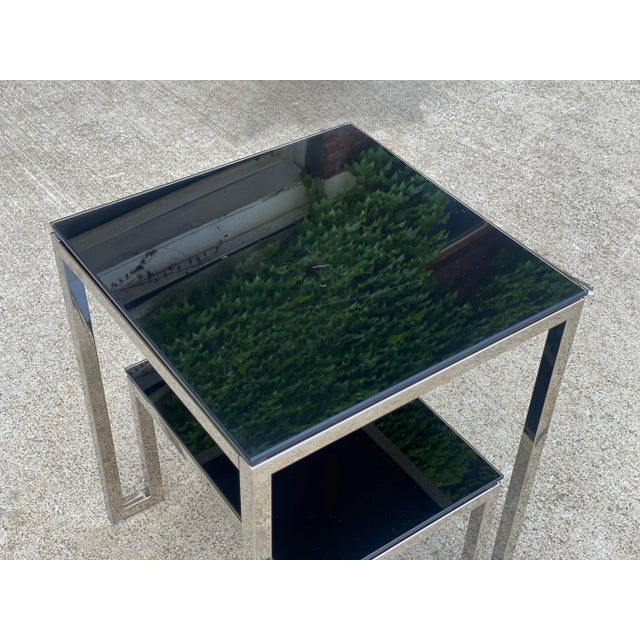 Mid-Century Modern Post-Modern Sculpted Chrome & Black Glass Tiered Side Table For Sale - Image 3 of 10