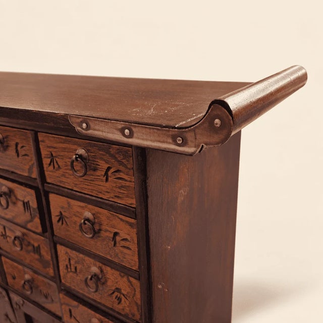 Brown Vintage Korean Elm Medicine Chest, 16 Carved Drawers, Brass Fish Lock For Sale - Image 8 of 10