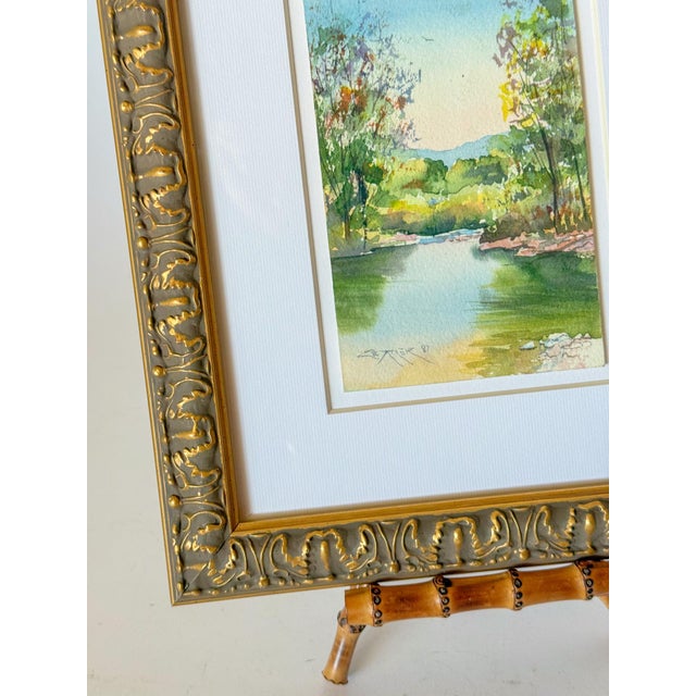 English Original Watercolor Landscape in Gilt Scroll Frame, Signed For Sale - Image 3 of 5