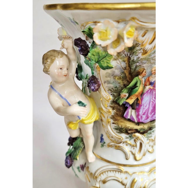 Pair Antique German 19th C Putti Baby Meissen Porcelain Hand Painted Vases Urns For Sale - Image 9 of 15
