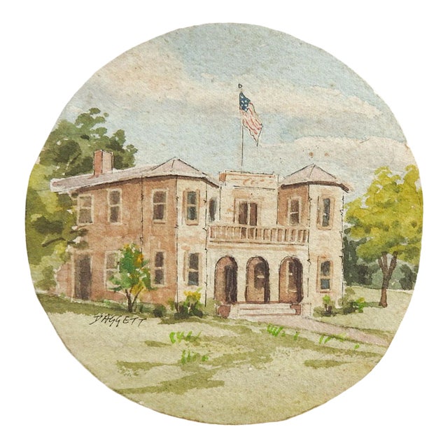 Tiny Round Watercolor Painting Building & American Flag For Sale