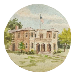 Tiny Round Watercolor Painting Building & American Flag