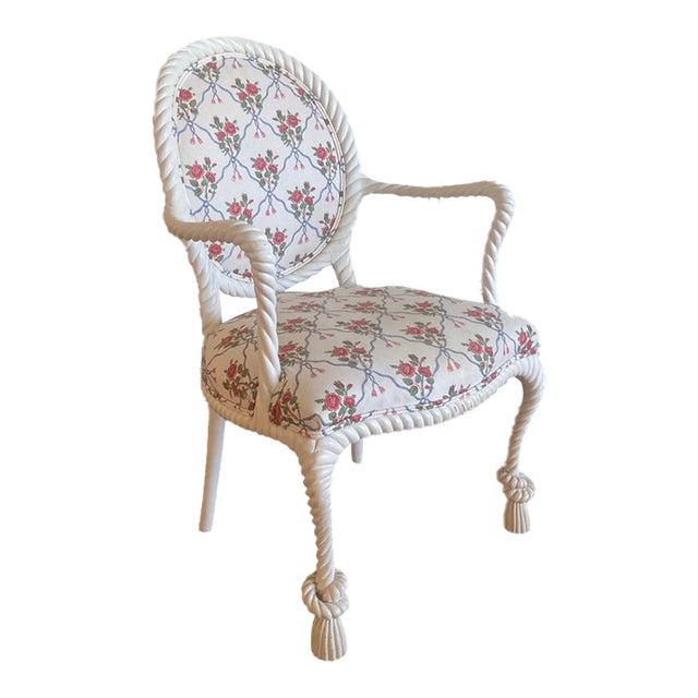 1950’s Hollywood Regency Hand Carved Rope and Tassel Armchair For Sale
