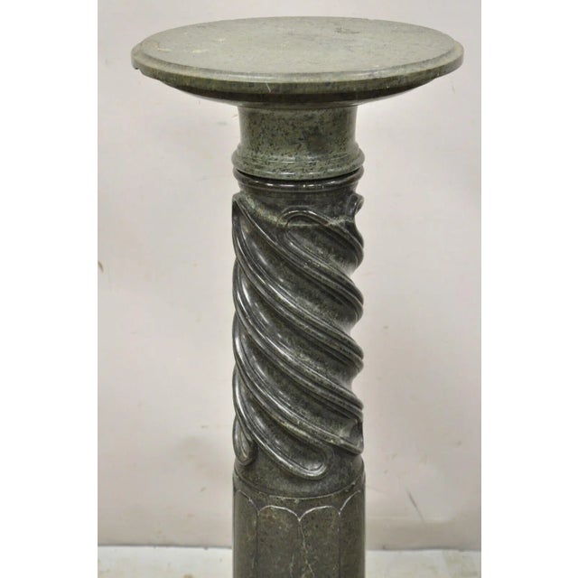 Antique Italian Classical Style Green Marble Spiral Carved Round Pedestal Plant Stand For Sale - Image 4 of 12