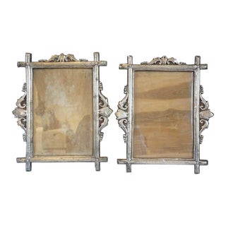 Antique Indo-Portuguese Silver-Tone Metal and Teak Picture Frames - a Pair For Sale