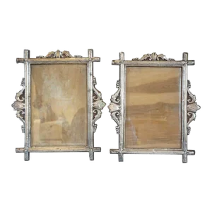 Antique Indo-Portuguese Silver-Tone Metal and Teak Picture Frames - a Pair