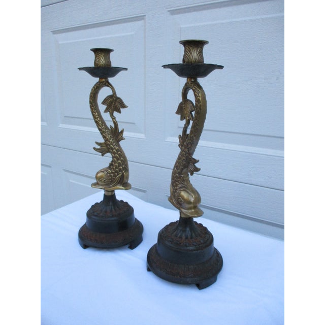 Mid 20th Century Vintage Brass Koi Fish or Dolphin Candlesticks For Sale - Image 5 of 11