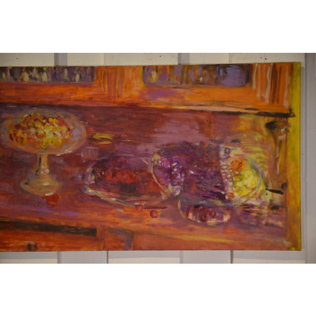 Jean-Claude Thuillier — Cherries in a Cupboard (oil on canvas, 50×100 cm, 2001). A large, vibrant still life depicting a...