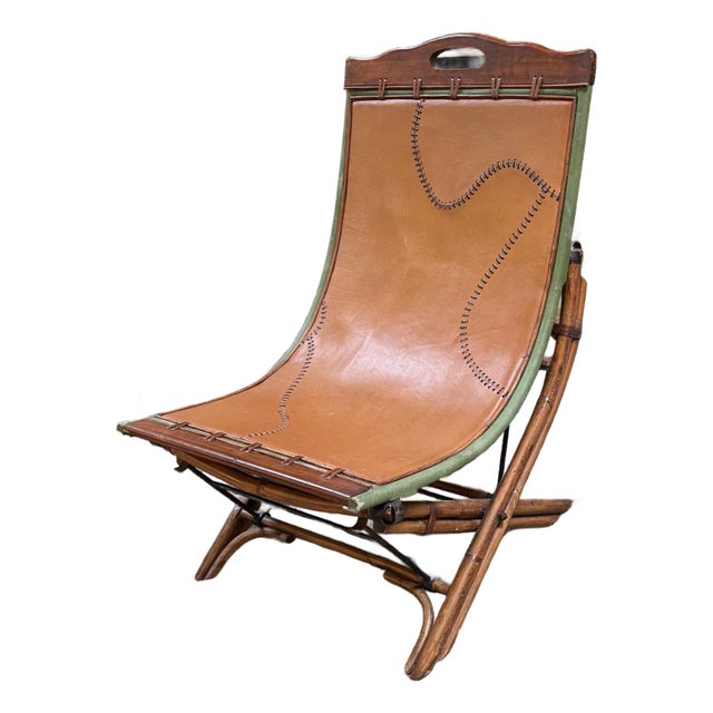 Circa 1980's Ramon Castellano for Kalma Bamboo + Leather Collapsible Chair For Sale