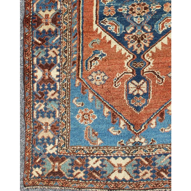 Tribal Antique Persian Karadjeh Rug With Tribal Medallion in Rust Red and Bright Blue 3'10"x5'7" For Sale - Image 3 of 7