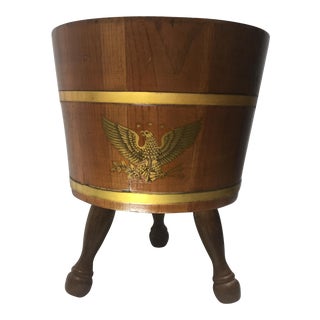 1950s Americana Arts & Crafts 3-Legged Pine Planter With Brass Bands and Eagle For Sale