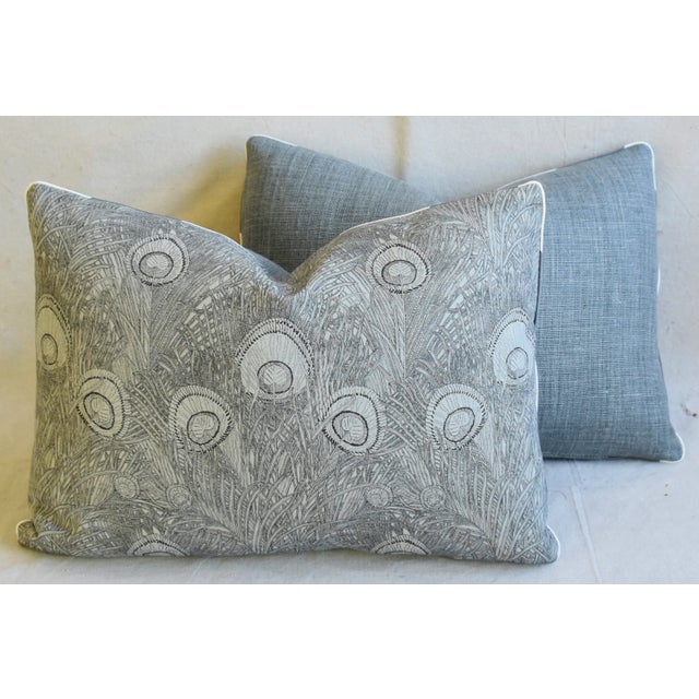 Designer Peacock Feather Linen Feather/Down Pillows 22" X 16" - Pair For Sale - Image 11 of 13