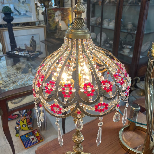 Hollywood Regency Antique Gilt Brass and Glass Beaded Lamp For Sale - Image 3 of 12