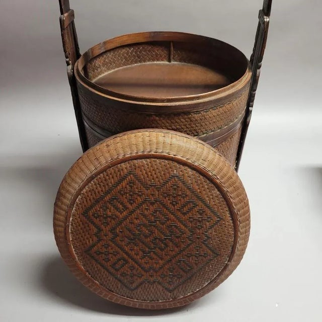 Wood Antique Chinese 3-Tier Woven Wedding Storage Basket For Sale - Image 7 of 8