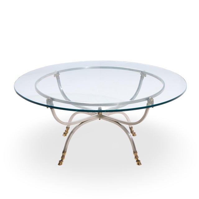 Maison Jansen Mid Century Round Rams Head Glass Top Coffee Table This coffee table measures: 34 wide x 34 deep x 16.25...