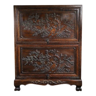 Vintage Rosewood Sliding Door Cabinet With Magpie & Plum Carving For Sale