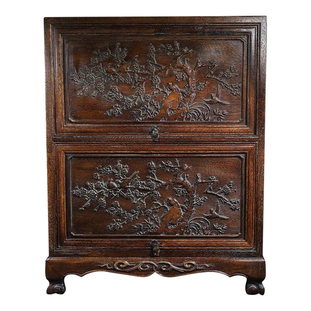 Vintage Rosewood Sliding Door Cabinet With Magpie & Plum Carving For Sale
